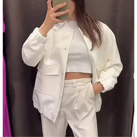 New Zara Longline Patch Pockets Oyster White Bomber Jacket Blogger Fav Small - Picture 5 of 17